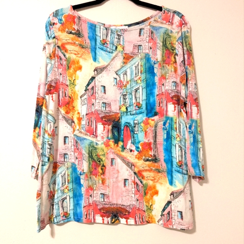 Vibrant Abstract Print 3/4 Sleeve Blouse Graphic Relaxed Top